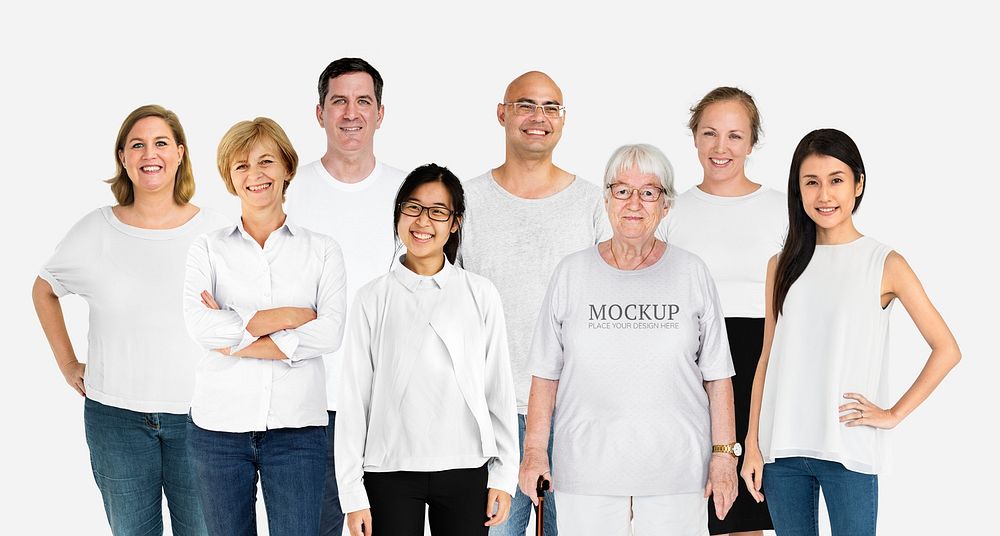 Cheerful diverse people wearing shirt mockups