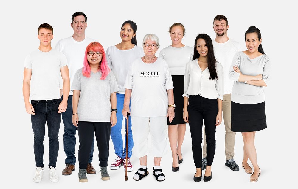 Cheerful diverse people wearing shirt mockups