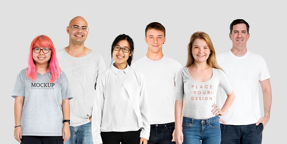 Happy diverse people wearing shirt mockups