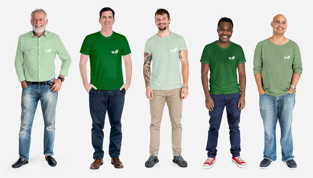 Diverse happy men raising awareness by wearing green shirt mockups