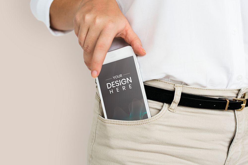 Man getting his phone from his pants pocket with screen mockup