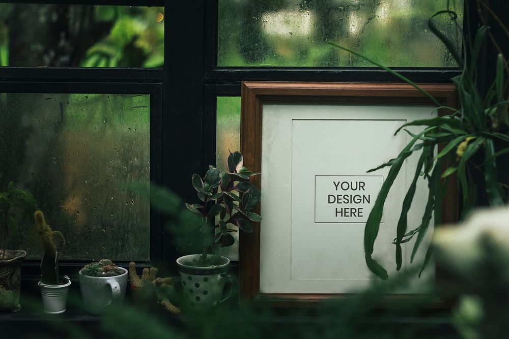 Blank photo frame with houseplants by the window