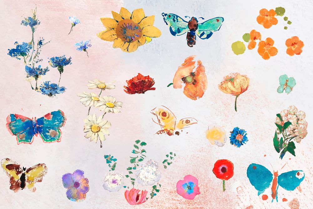 Hand drawn butterflies and flowers vector collection