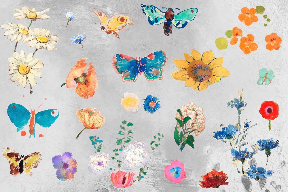 Hand drawn butterflies and flowers vector collection