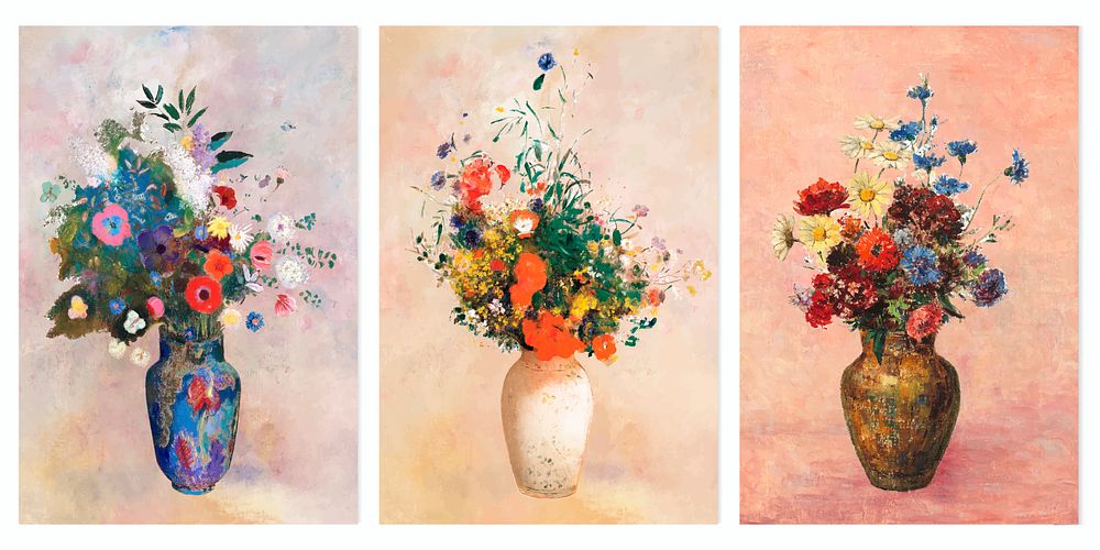 Colorful flowers in vases oil painting background vector collection