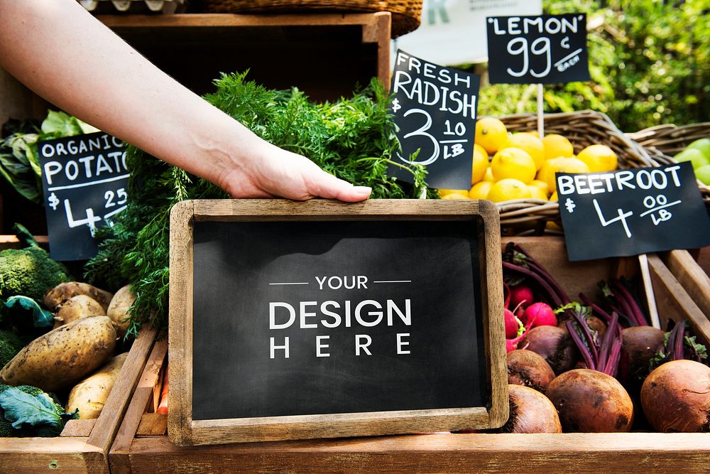 Greengrocer advertising organic product on a wooden board mockup