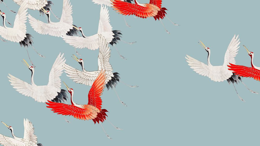 Birds HD wallpaper, flock of cranes background, remixed from vintage public domain images