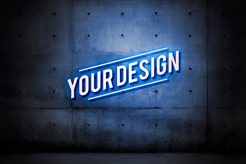 Neon blue your design banner on a wall