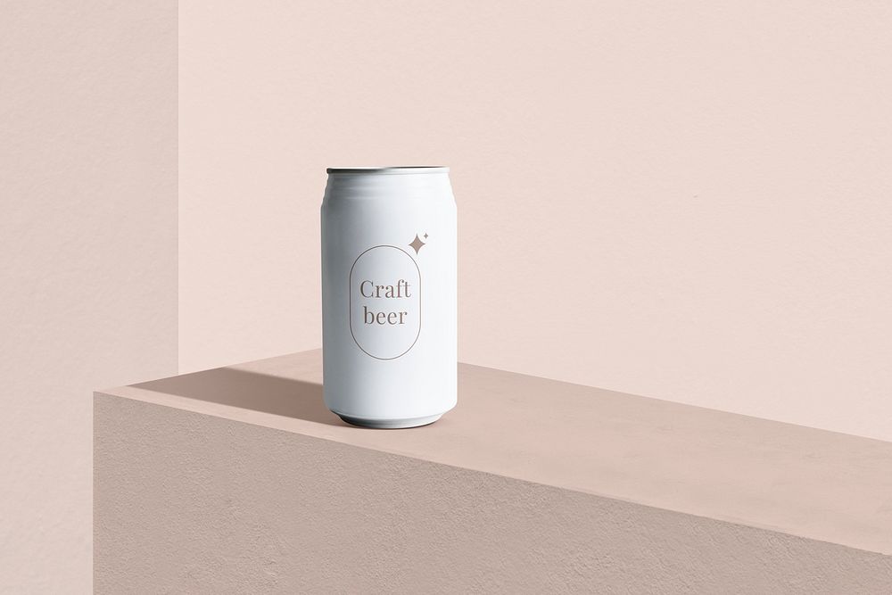 Craft beer can mockup psd, pink product backdrop