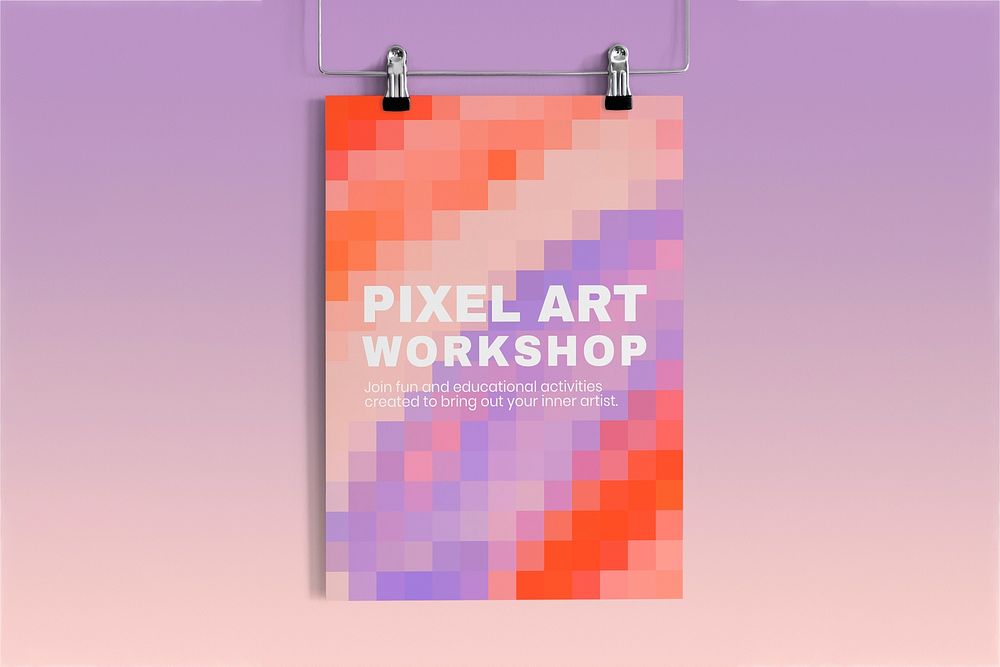 Editable hanging poster mockup psd, pixelated design 