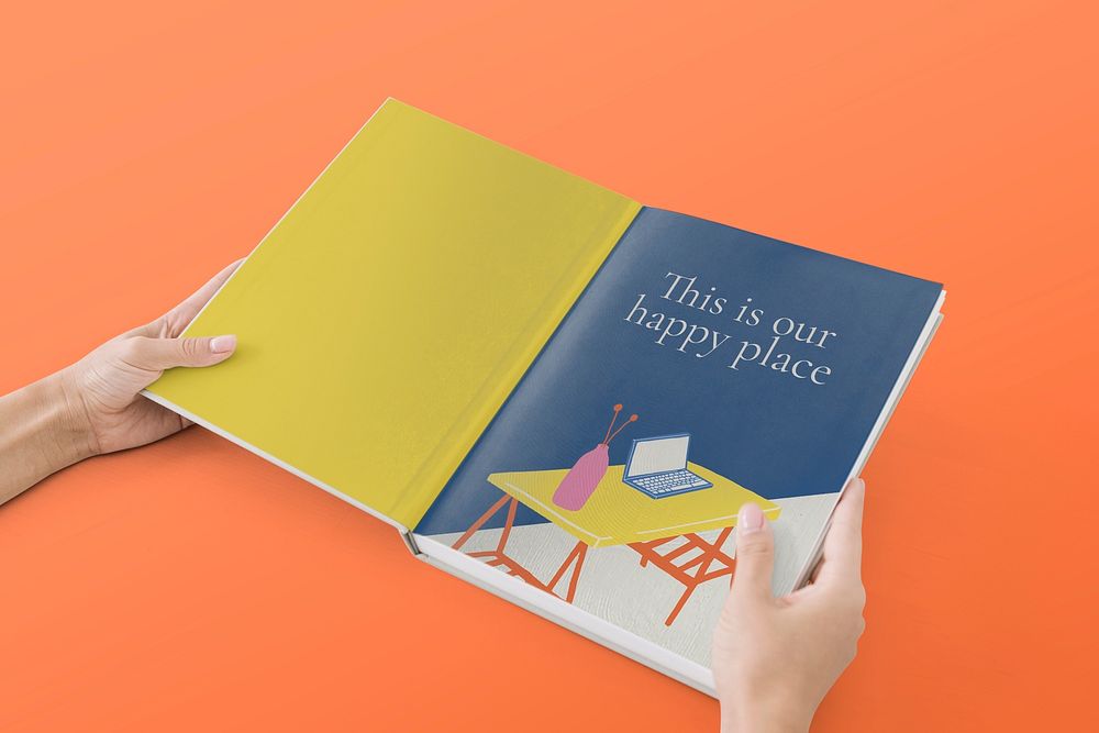 Open book mockup psd, woman reading 