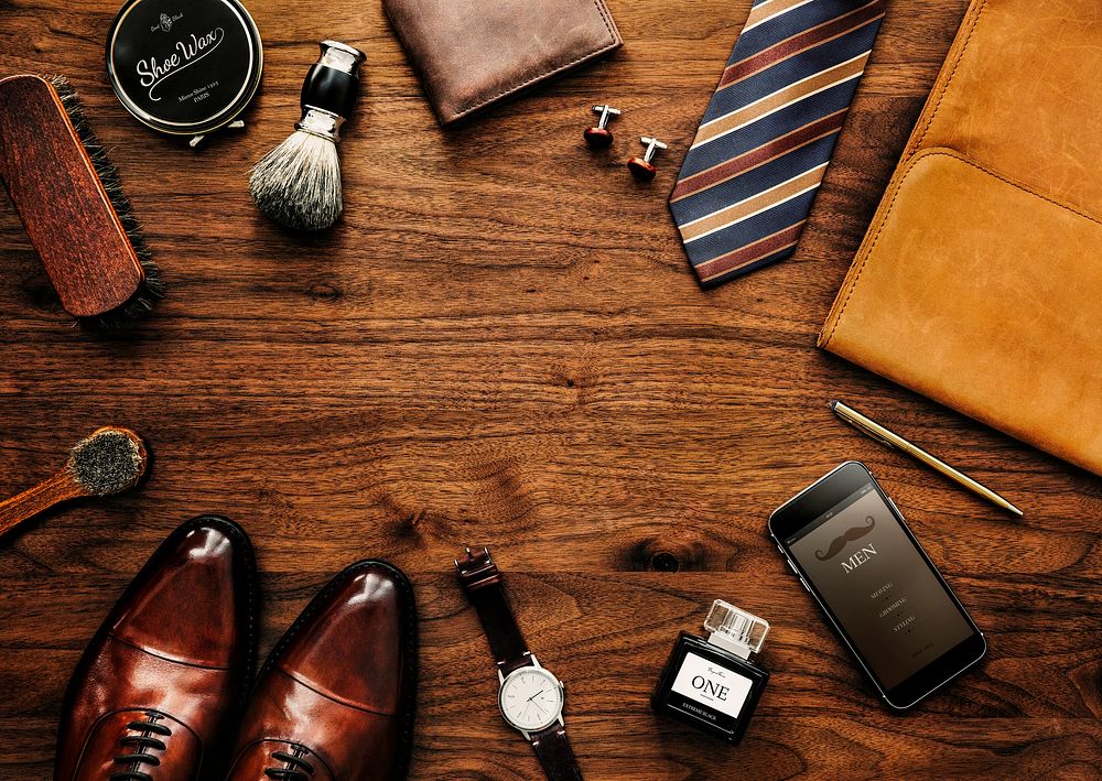 Classy men accessories, flat lay on wooden table