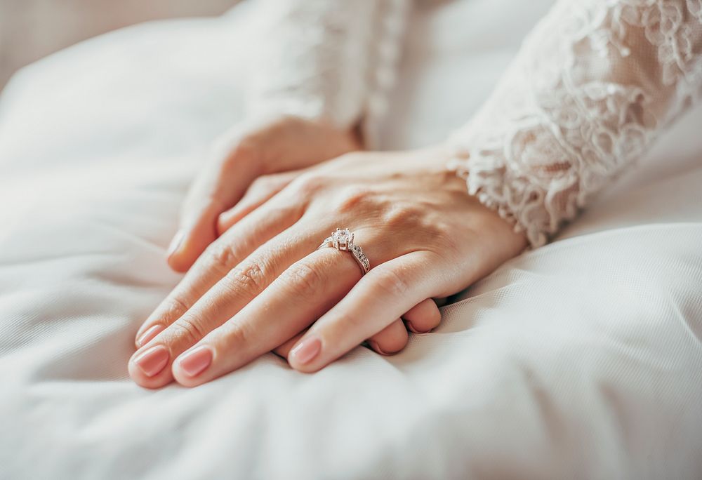 Wedding ring on bride's finger, closeup
