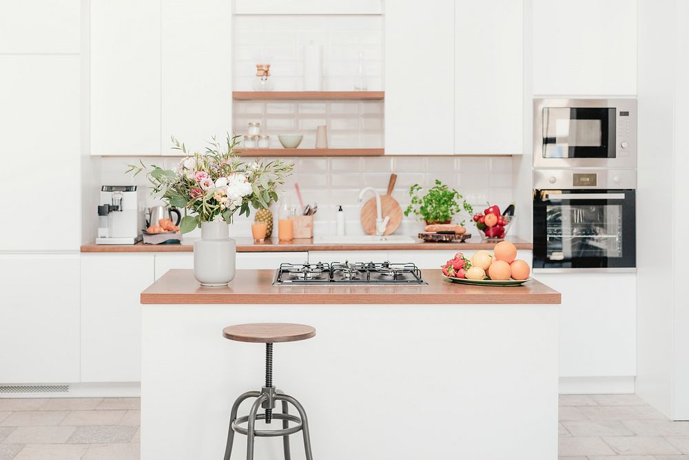 Minimal white kitchen, clean interior design