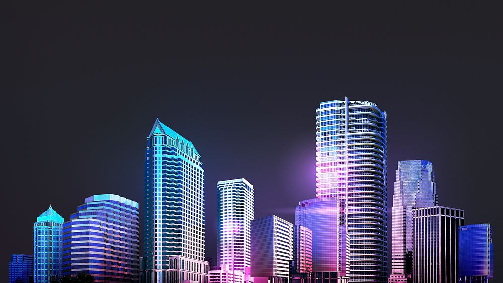 Neon skyline desktop wallpaper, business background psd