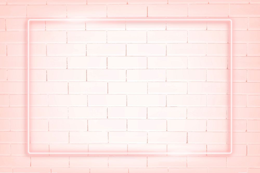 Rectangle pink neon frame on a white brick wall vector