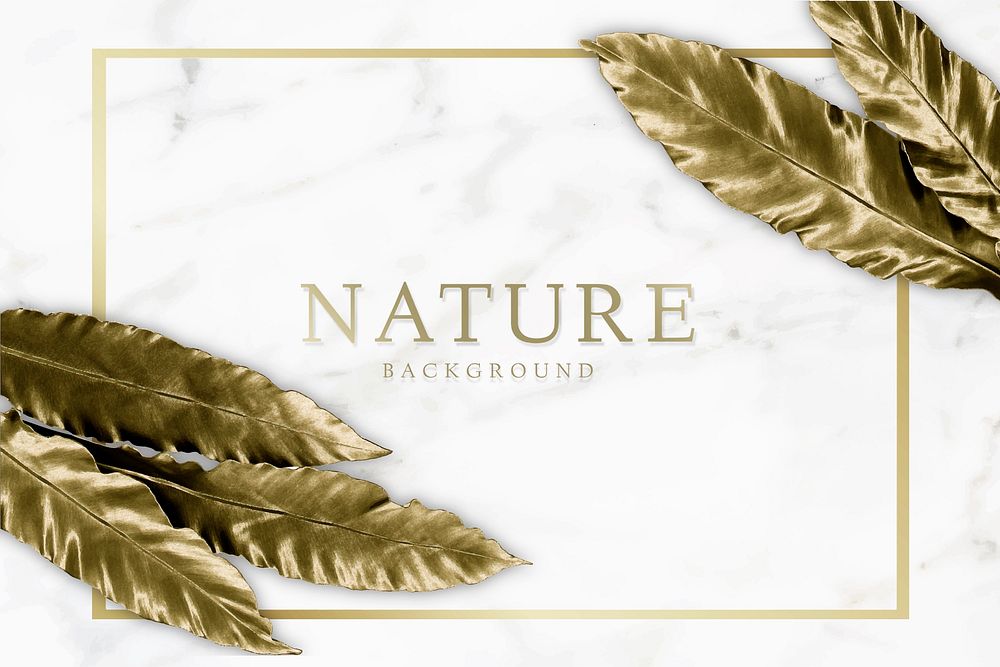 Gold bird's-nest fern leaves on white marble background vector