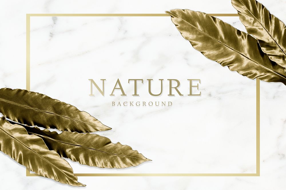 Gold bird's-nest fern leaves on white marble background illustration