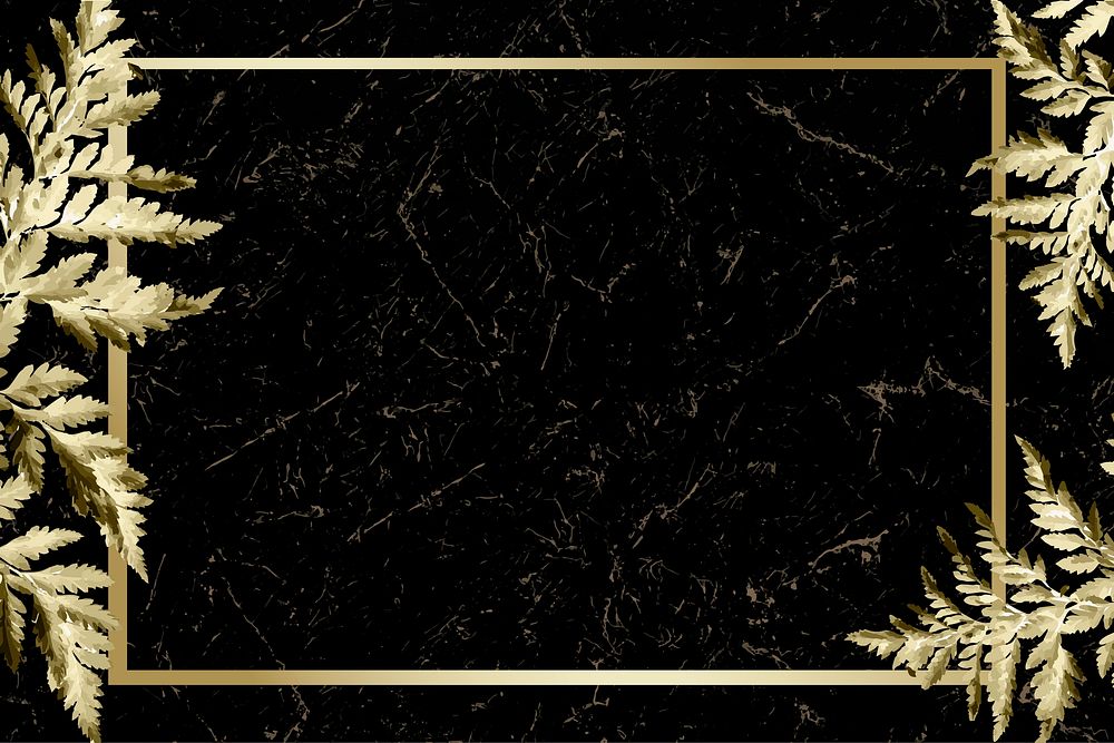 Gold leatherleaf fern frame on black marble background vector