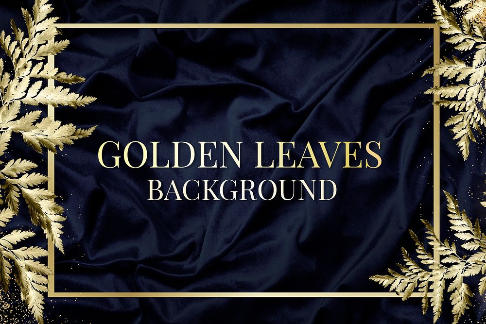Gold leatherleaf fern frame on navy blue silk textured background illustration