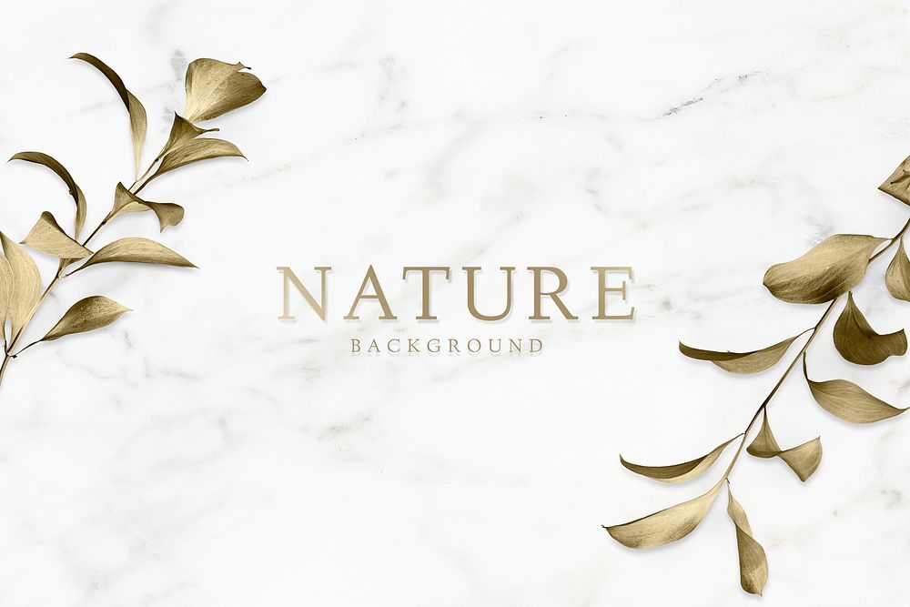 Gold eucalyptus leaves on white marble background illustration