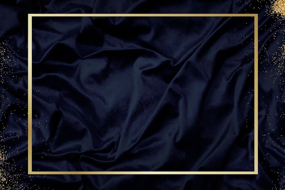 Gold frame on a silky navy blue fabric textured background illustration