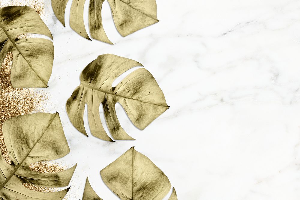 Gold split-leaf  philodendron frame on white marble background illustration