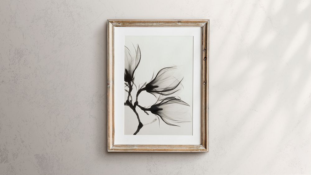 Wooden picture frame hanging on a beige wall illustration
