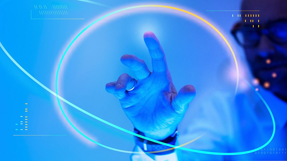 Man touching the futuristic blue screen