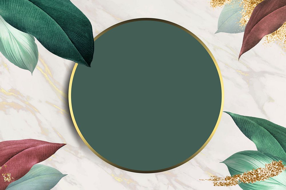 Round foliage frame on white marble background vector