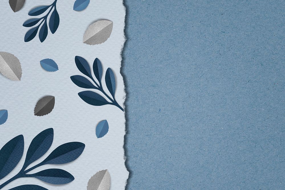 Blue paper craft leaves on blue background template illustration