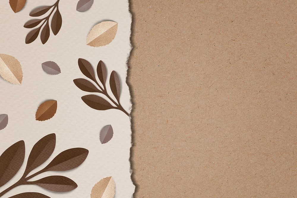 Brown paper craft leaves on brown background template illustration