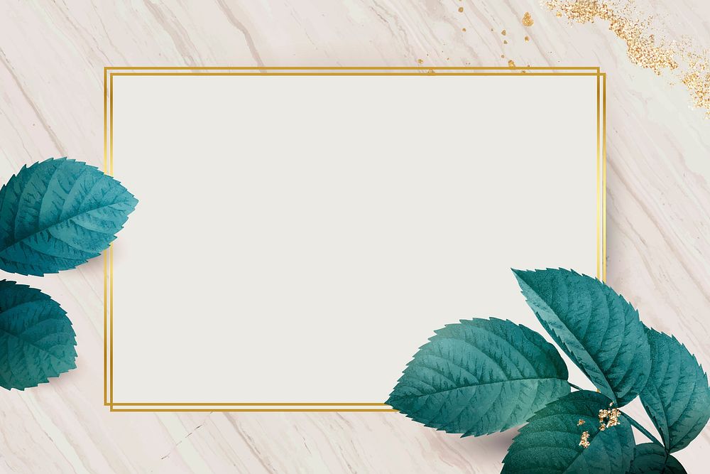 Rectangle gold frame with foliage pattern background vector