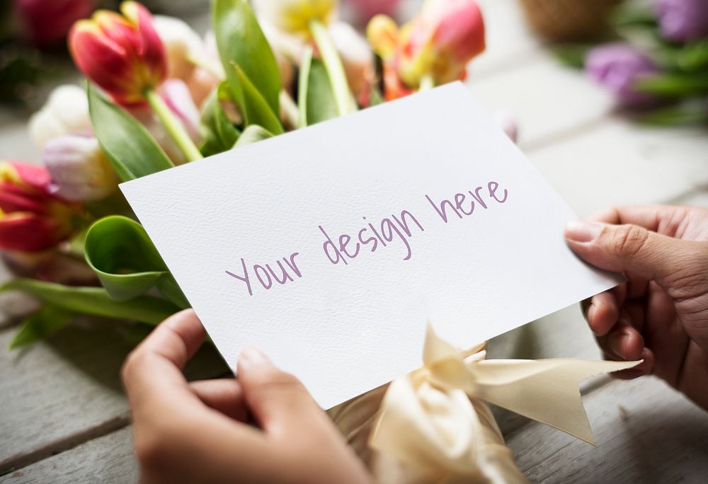 Greeting card mockup with a tulip bouquet