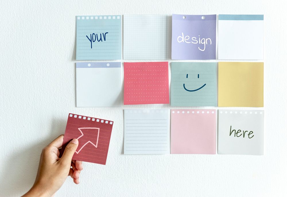 Sticky note mockups on a white wall