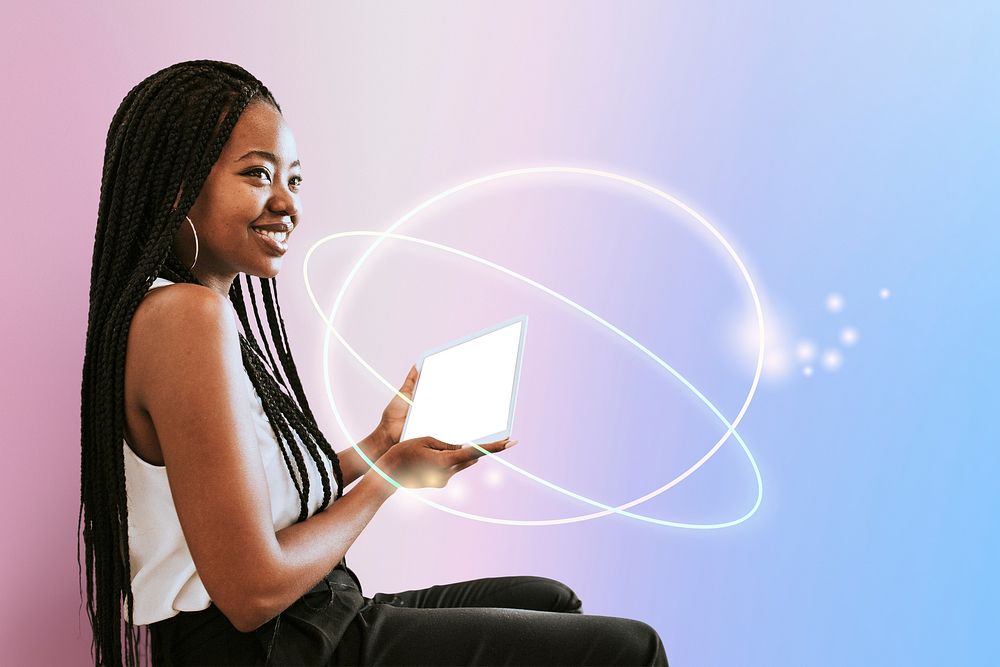 Cheerful black woman using a digital tablet mockup