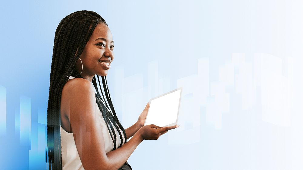 Cheerful black woman using a digital tablet mockup
