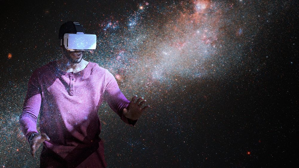 Black man experiencing metaverse, with VR headset