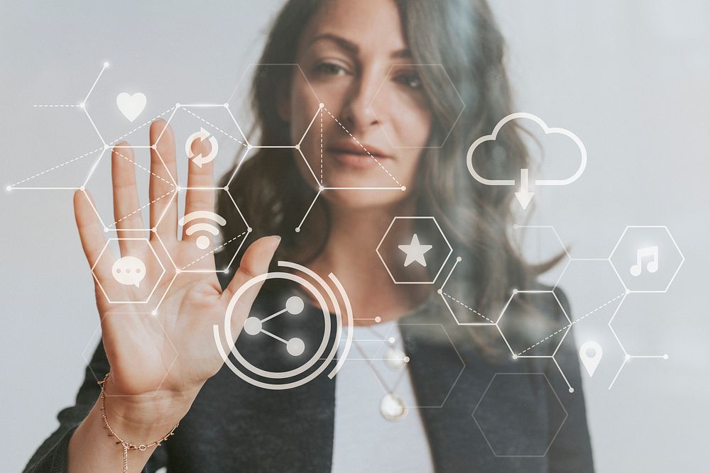 Woman touching a screen with her palm mockup