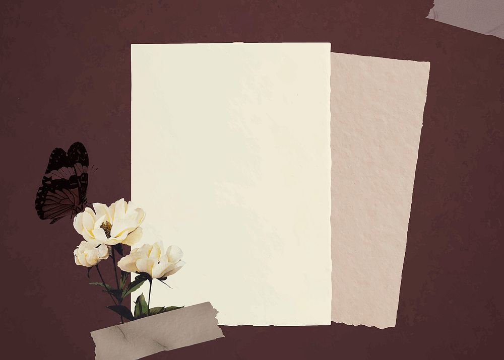 Butterfly with white peonies and brown paper background vector