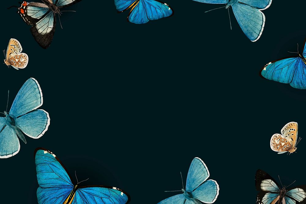 Blue butterflies patterned on black background vector