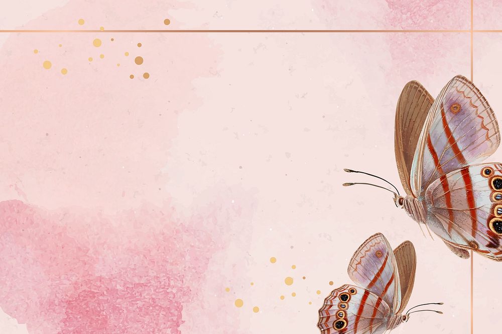 Gold frame with pink butterfly patterned background vector
