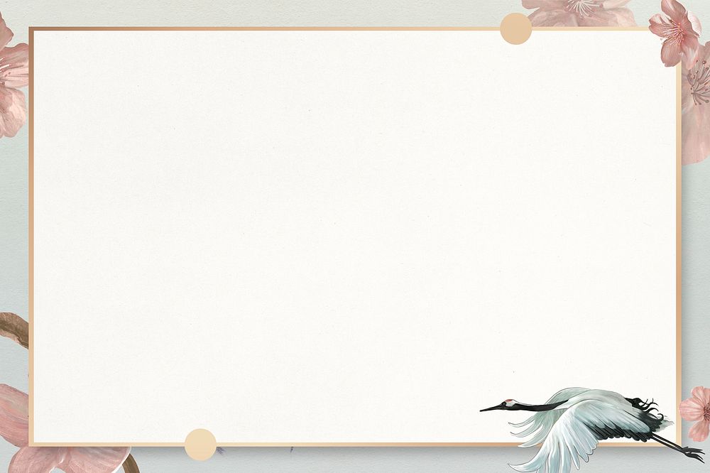 White Japanese crane with rosemallows pattern frame template illustration