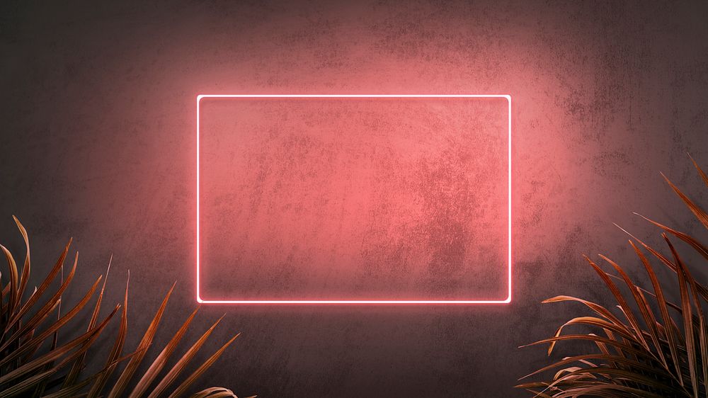 Pink neon frame on a wall with tropical plants mockup design