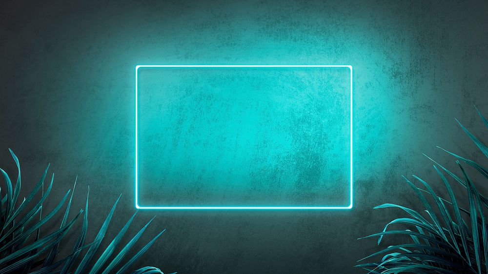 Green neon lights frame with tropical leaves mockup design