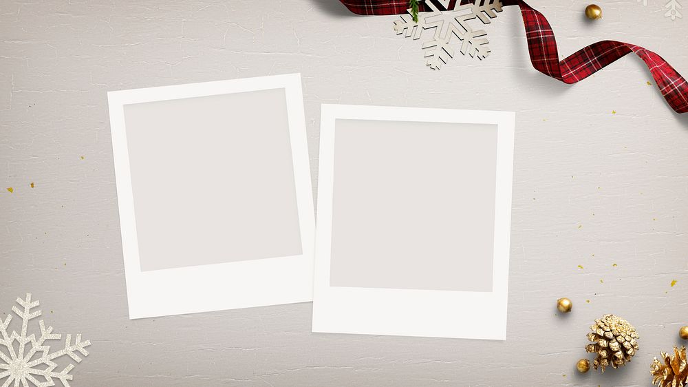 Blank photo frames mockup with Christmas decorations on cream background