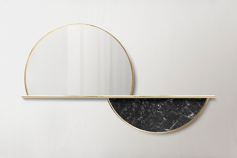 Semicircle gold framed mirror on the beige wall mockup