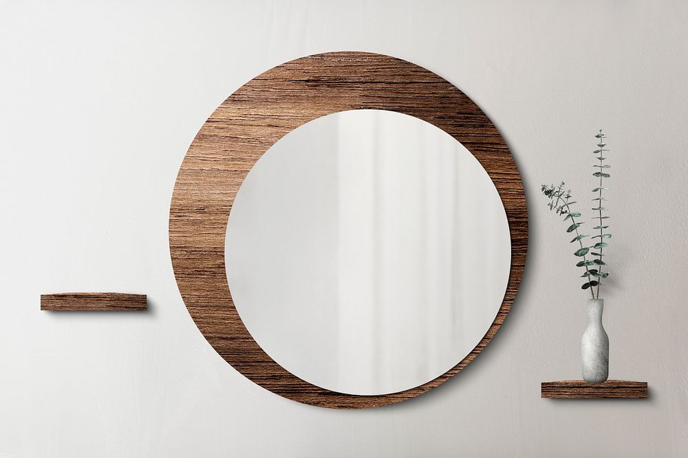 Circle mirror with a wooden backdrop mockup