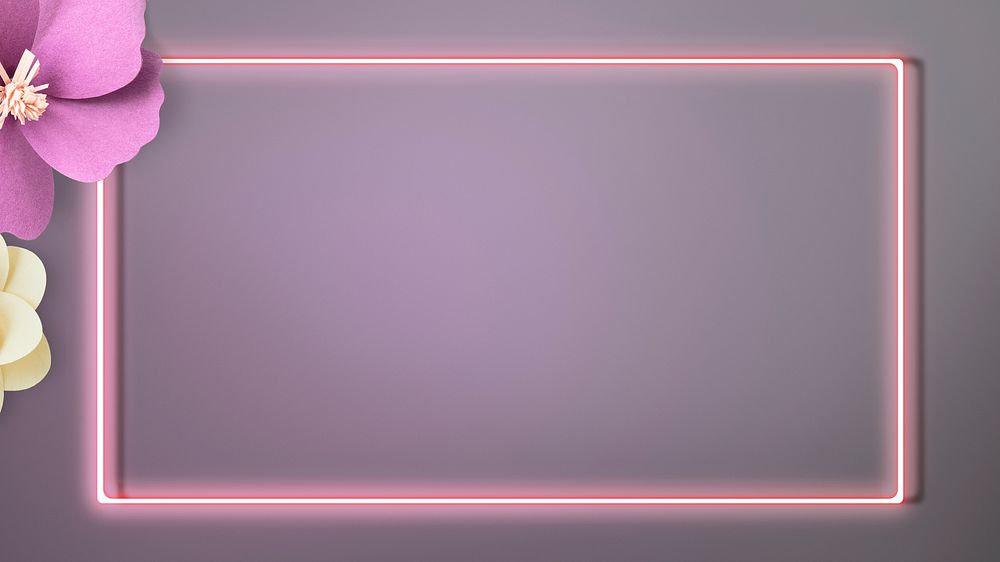 Flower decorated neon frame on a gray wall mockup