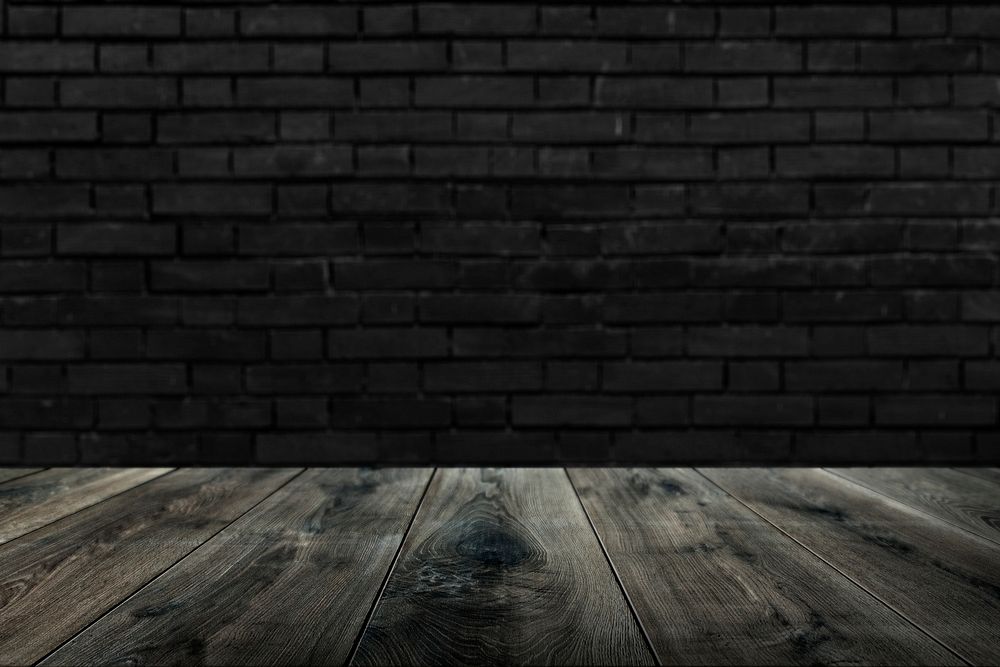 Rustic wooden plank with brick wall background